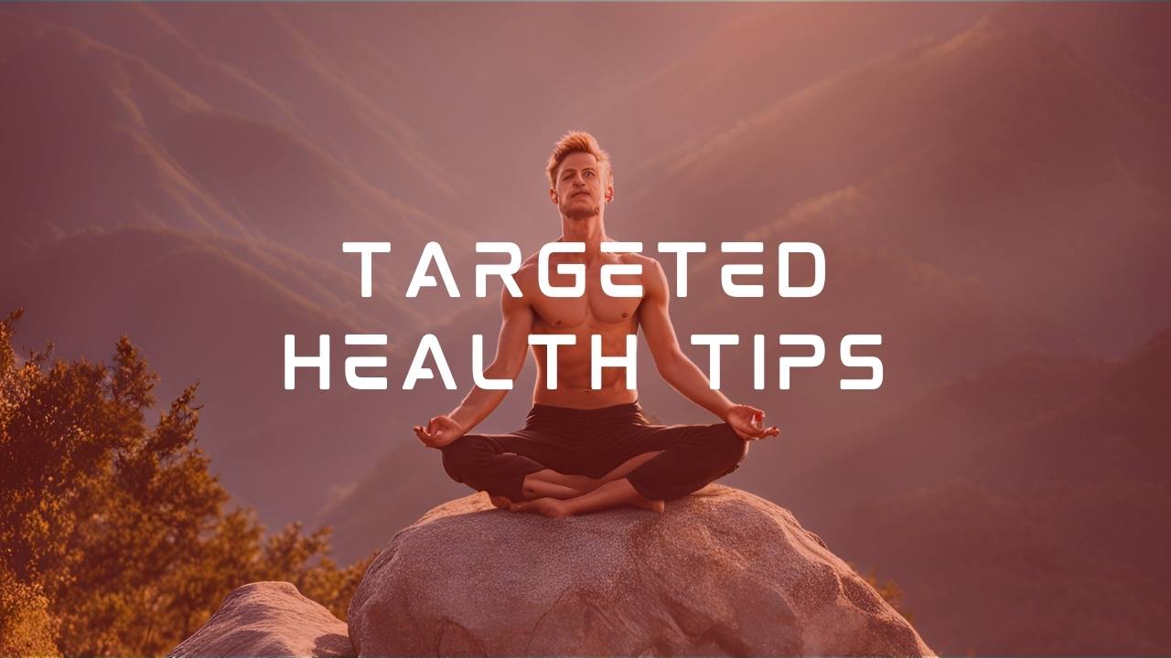 a man is meditating in background and there is a message of targeted health tips in front. these targeted health tips are offered by ripped roarr